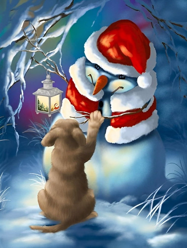 Het Hondje en de Sneeuwpop in de Stille Winternacht Diamond Painting