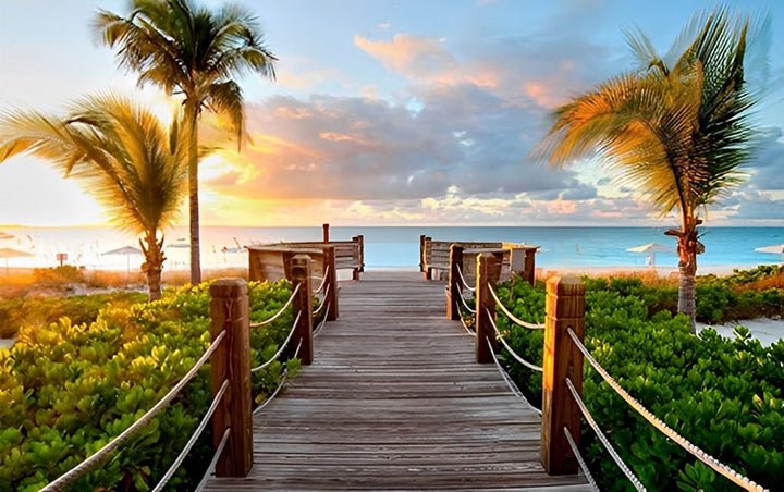 Het Houten Pad naar de Zonsondergang aan het Strand Diamond Painting