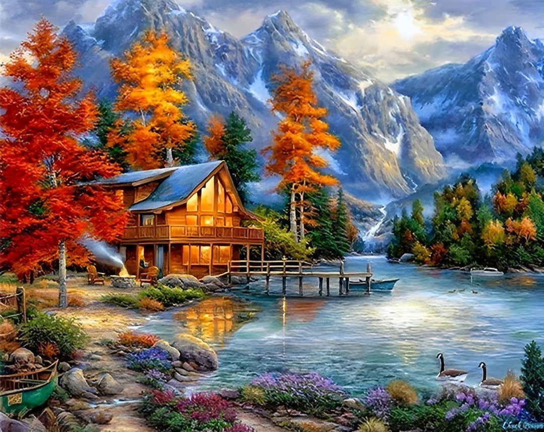 Het Hutje aan het Meer tussen de Bergen Diamond Painting