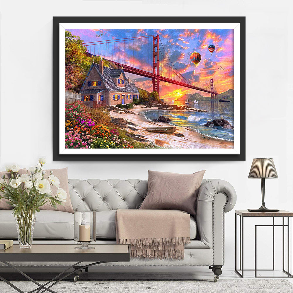 Het Kleurrijke en Serene Kustlandschap met Brug Diamond Painting