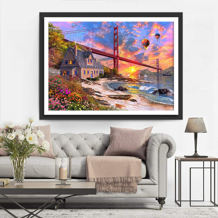 Het Kleurrijke en Serene Kustlandschap met Brug Diamond Painting