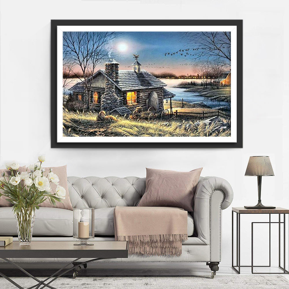 Het Knusse Houten Huisje in de Winterse Schemering Diamond Painting