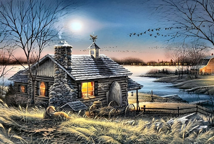 Het Knusse Houten Huisje in de Winterse Schemering Diamond Painting