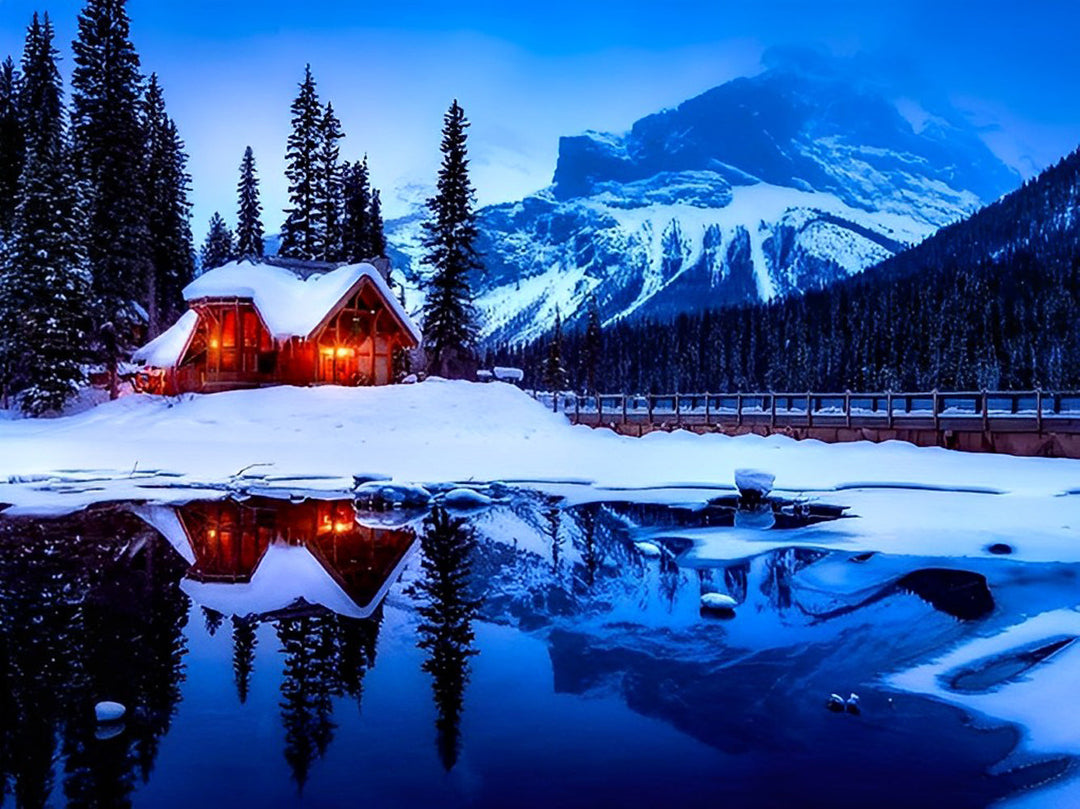 Het Knusse Hutje aan het Bevroren Meer Diamond Painting