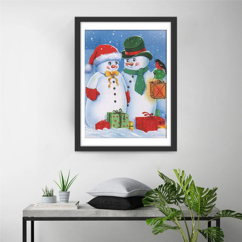 Het Lieflijke paar Sneeuwmannen in Kerstgewaad Diamond Painting