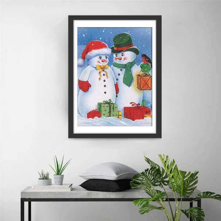 Het Lieflijke paar Sneeuwmannen in Kerstgewaad Diamond Painting