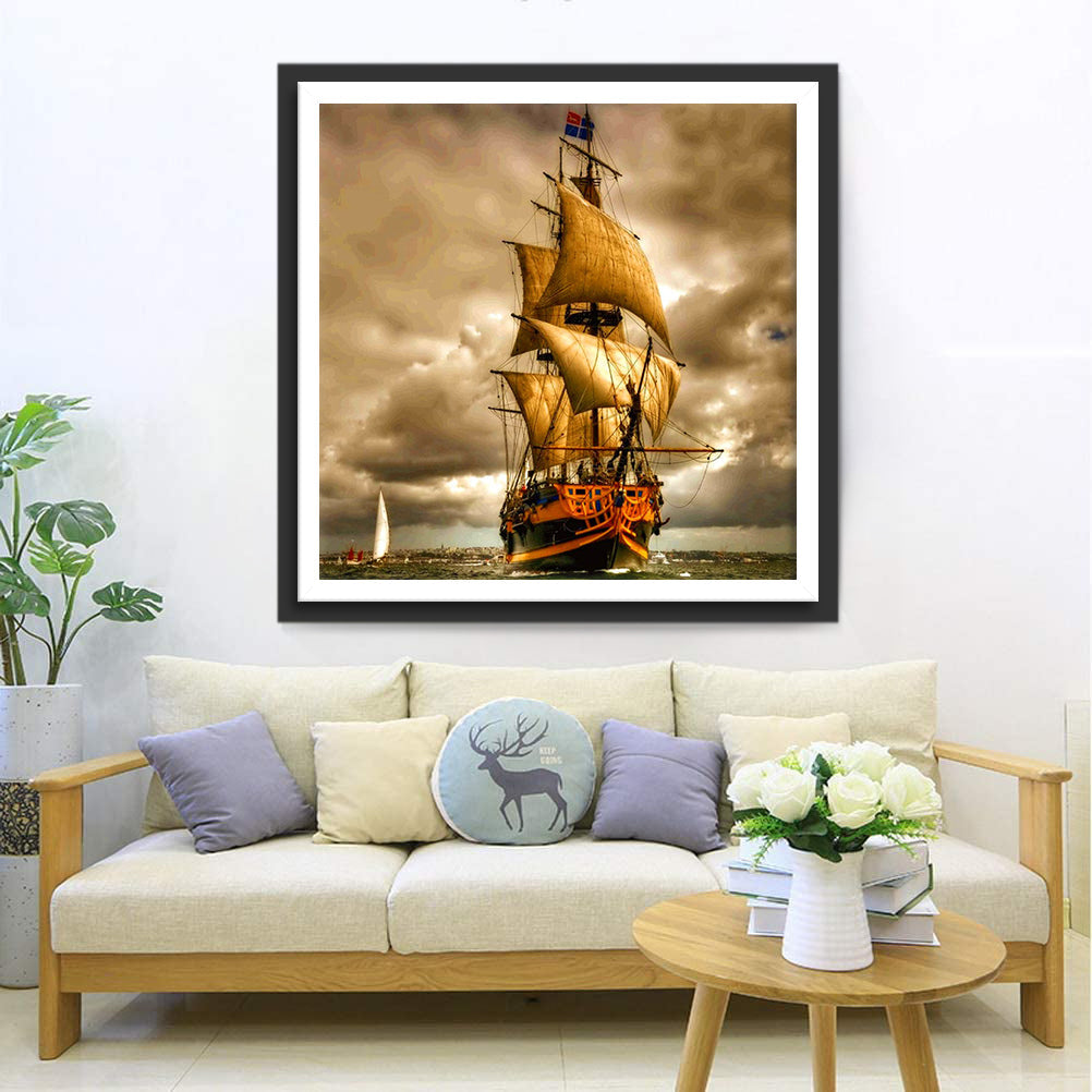 Het Majestueuze Oude Zeilschip onder Donkere Wolken Diamond Painting