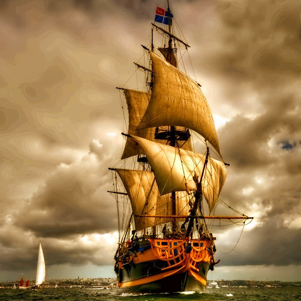 Het Majestueuze Oude Zeilschip onder Donkere Wolken Diamond Painting