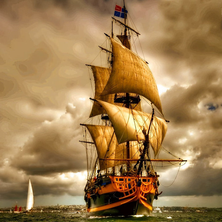 Het Majestueuze Oude Zeilschip onder Donkere Wolken Diamond Painting