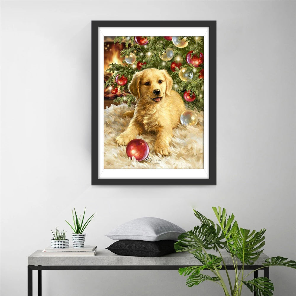 Het Schattige Hondje bij de Kerstboom Diamond Painting