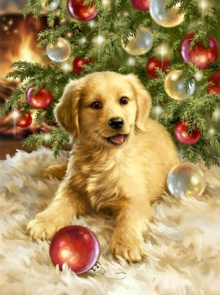 Het Schattige Hondje bij de Kerstboom Diamond Painting