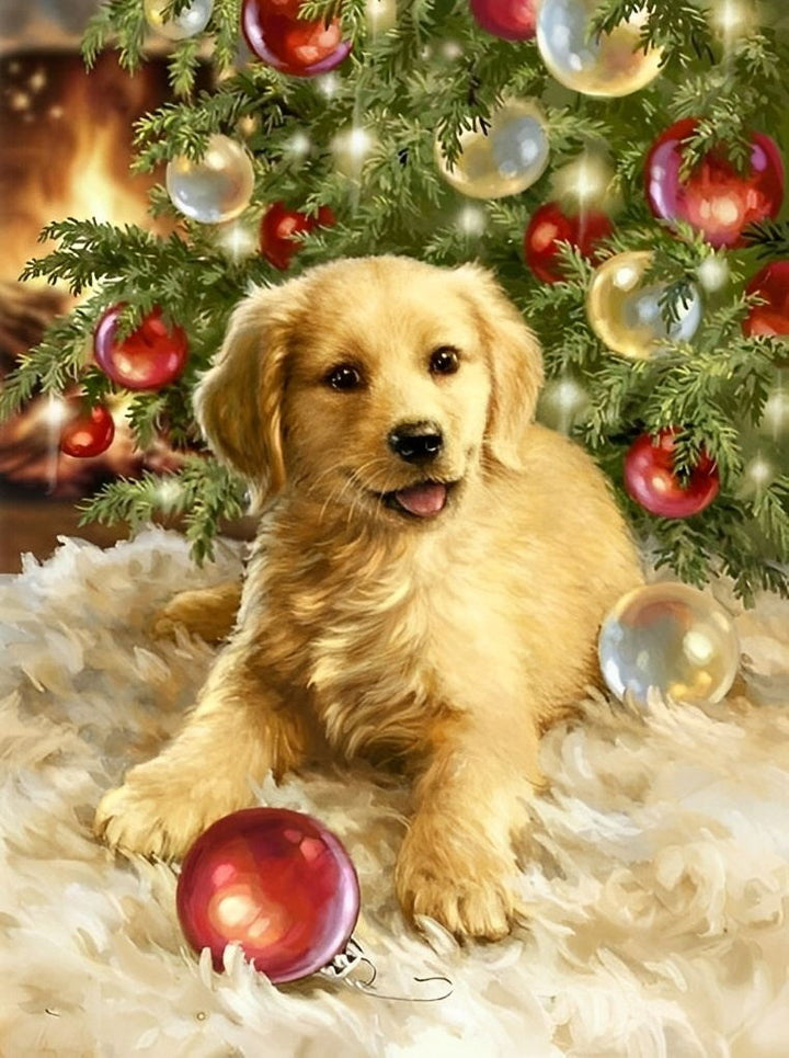 Het Schattige Hondje bij de Kerstboom Diamond Painting