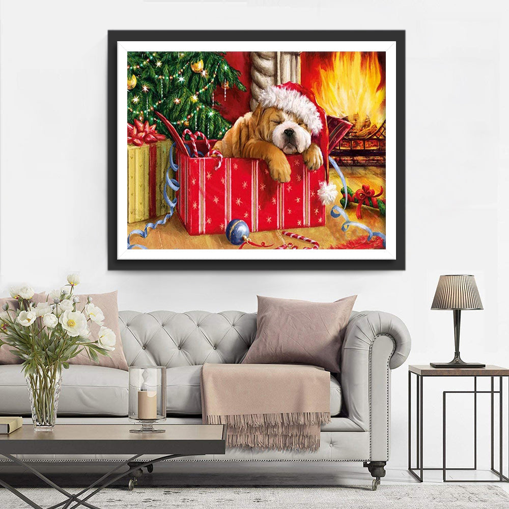 Het Schattige Hondje in het Kerstcadeaudoosje Diamond Painting