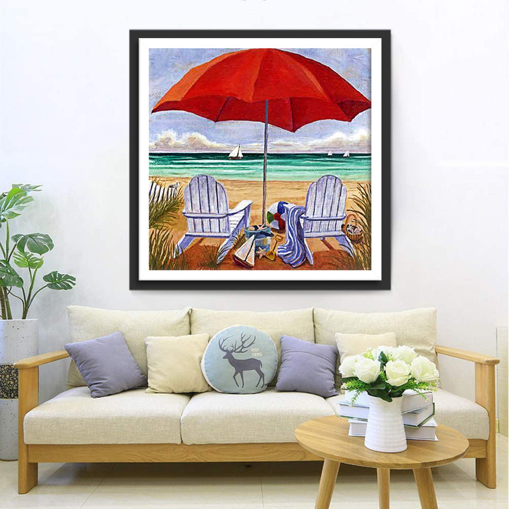 Het Strandgezicht met Ligstoelen en Parasol Diamond Painting
