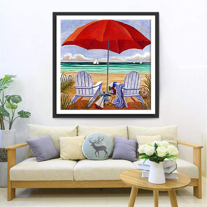 Het Strandgezicht met Ligstoelen en Parasol Diamond Painting