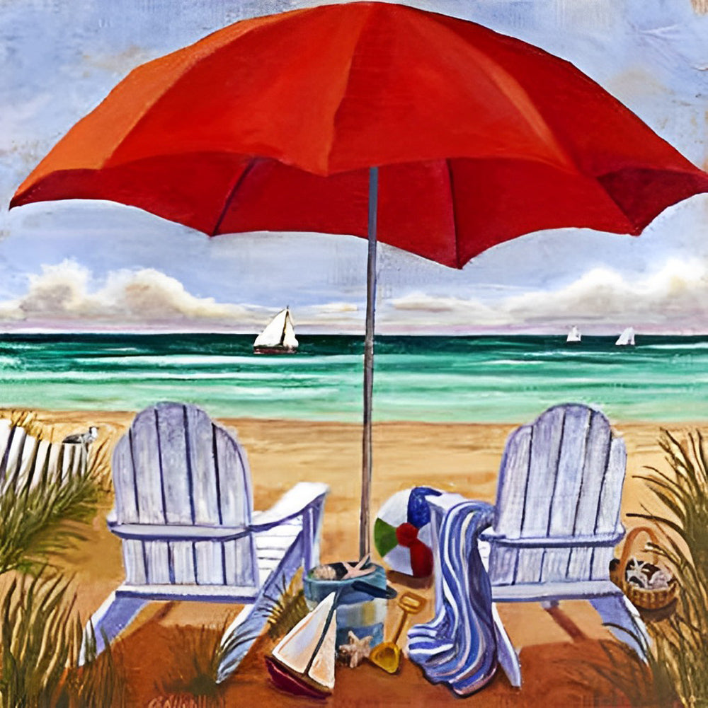 Het Strandgezicht met Ligstoelen en Parasol Diamond Painting