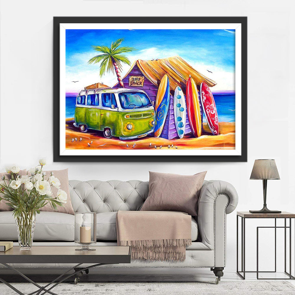 Het Strandleven met Surfplank en Busje Diamond Painting