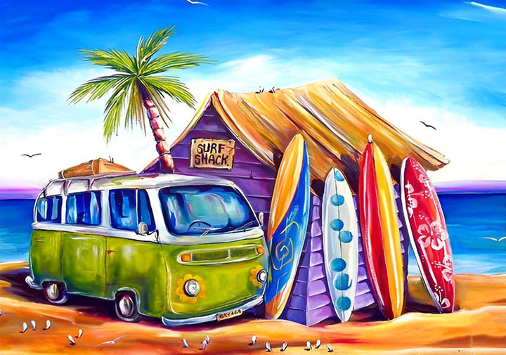 Het Strandleven met Surfplank en Busje Diamond Painting