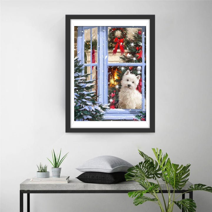 Het Westie Hondje en het Kerstversierde Raam Diamond Painting