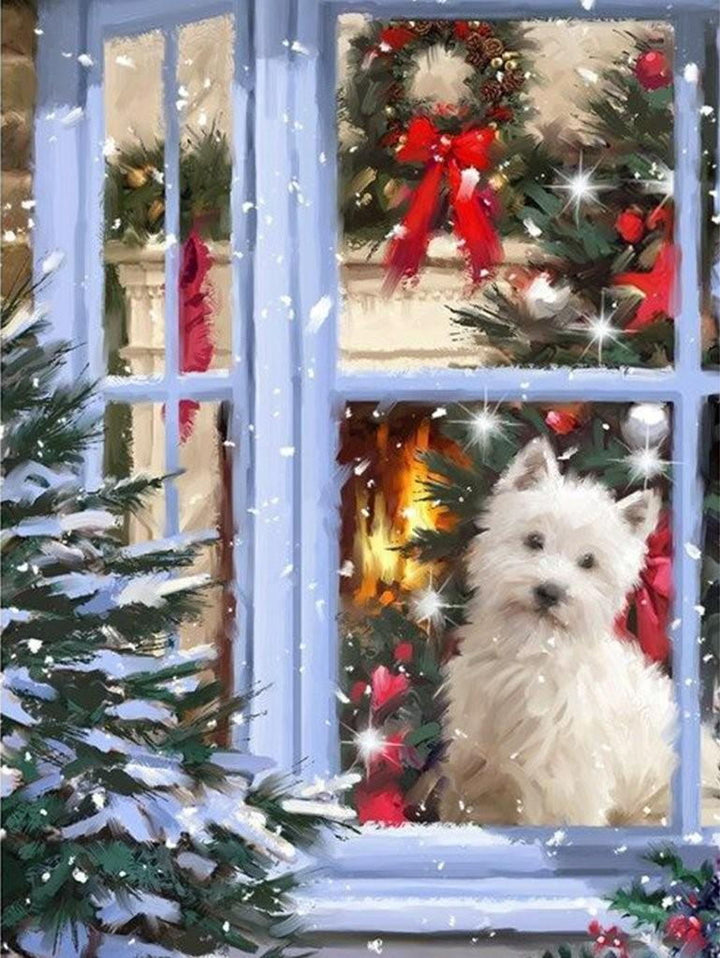 Het Westie Hondje en het Kerstversierde Raam Diamond Painting