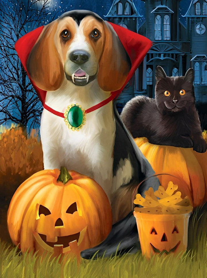 Hond als Vampier, Zwarte Kat en Pompoenen Diamond Painting
