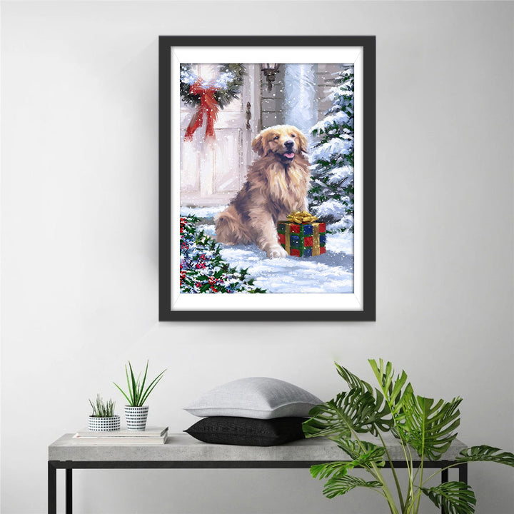 Hond bij Kerstcadeau in de Sneeuw Diamond Painting