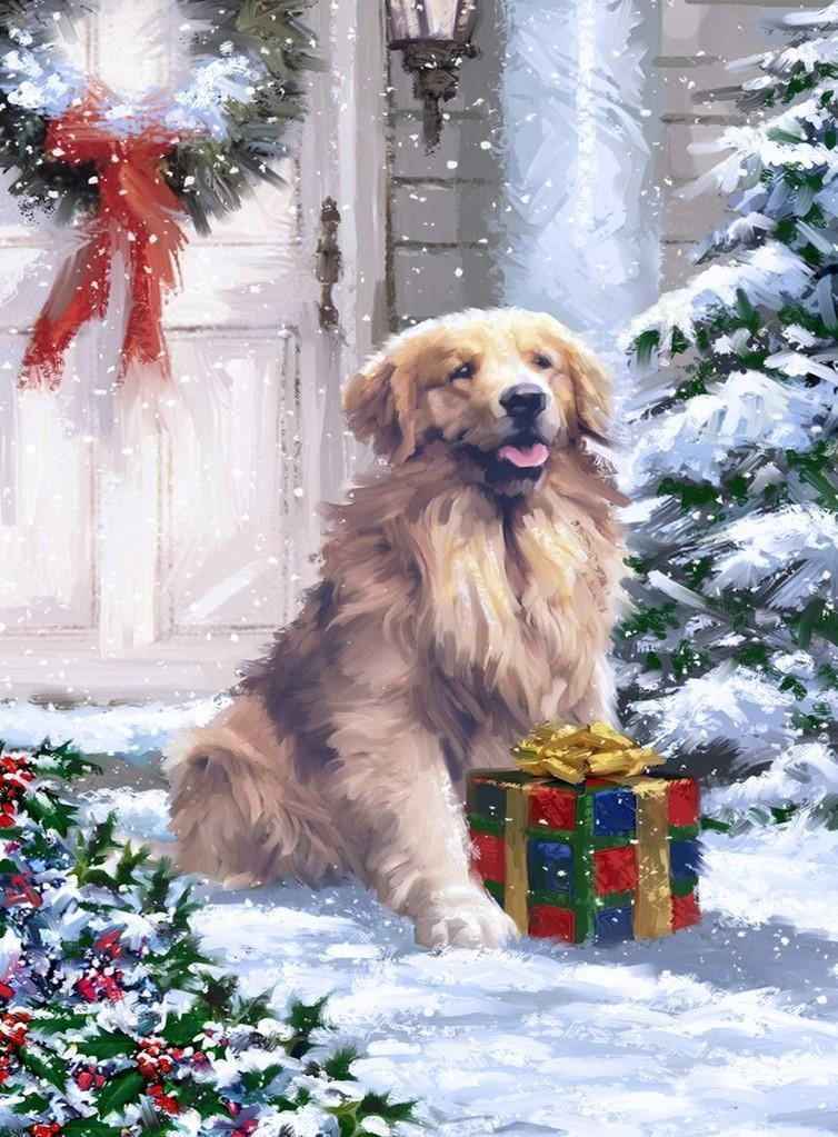Hond bij Kerstcadeau in de Sneeuw Diamond Painting