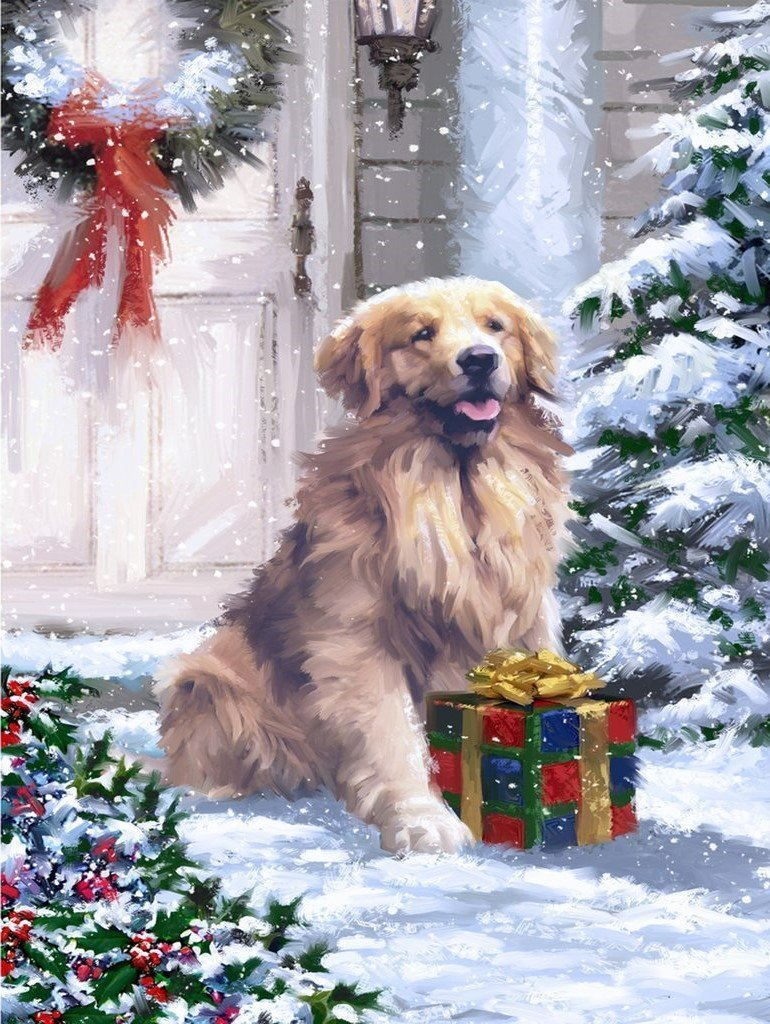 Hond met Kerstcadeau in de Sneeuw Diamond Painting
