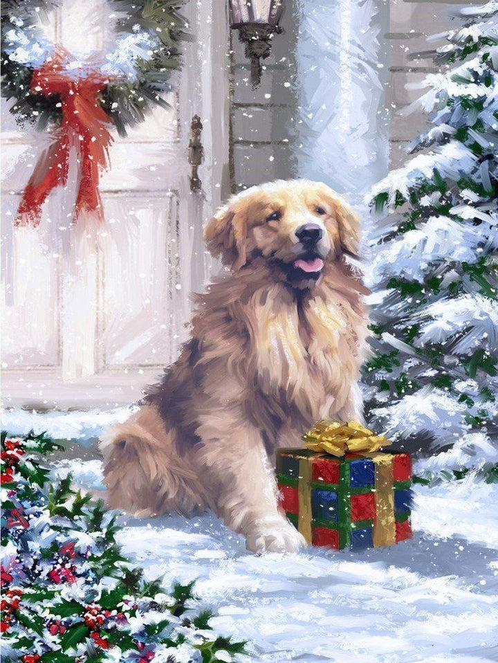 Hond met Kerstcadeau in de Sneeuw Diamond Painting