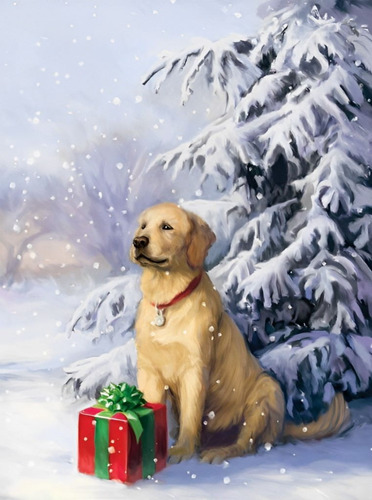 Hond naast het Geschenk in de Sneeuw Diamond Painting