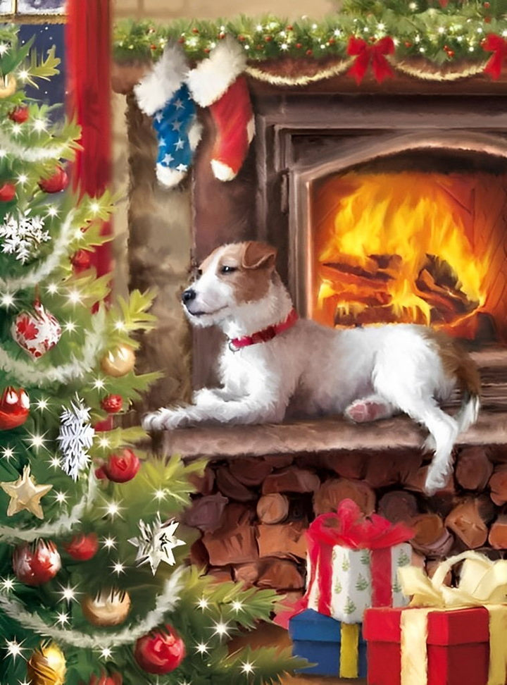 Hond op Schoorsteenmantel bij Brandend Vuur en Kerstboom Diamond Painting