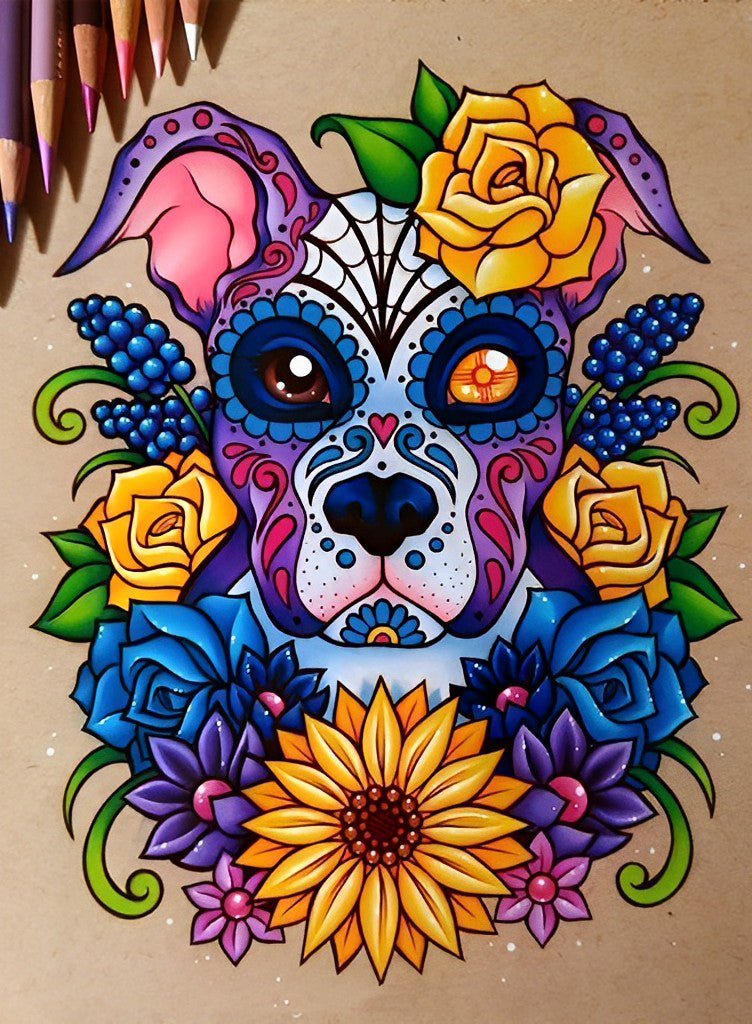 Hondenkop in Bloemen Diamond Painting