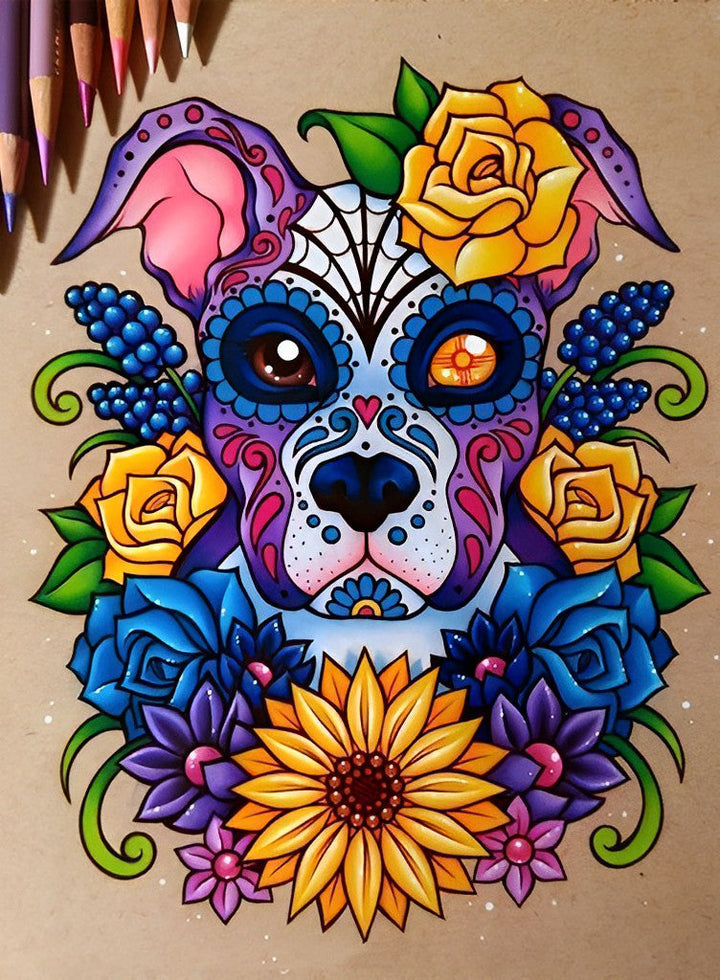 Hondenkop in Bloemen Diamond Painting