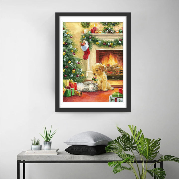 Hondje en Katten bij Kerstboom en Open Haard Diamond Painting