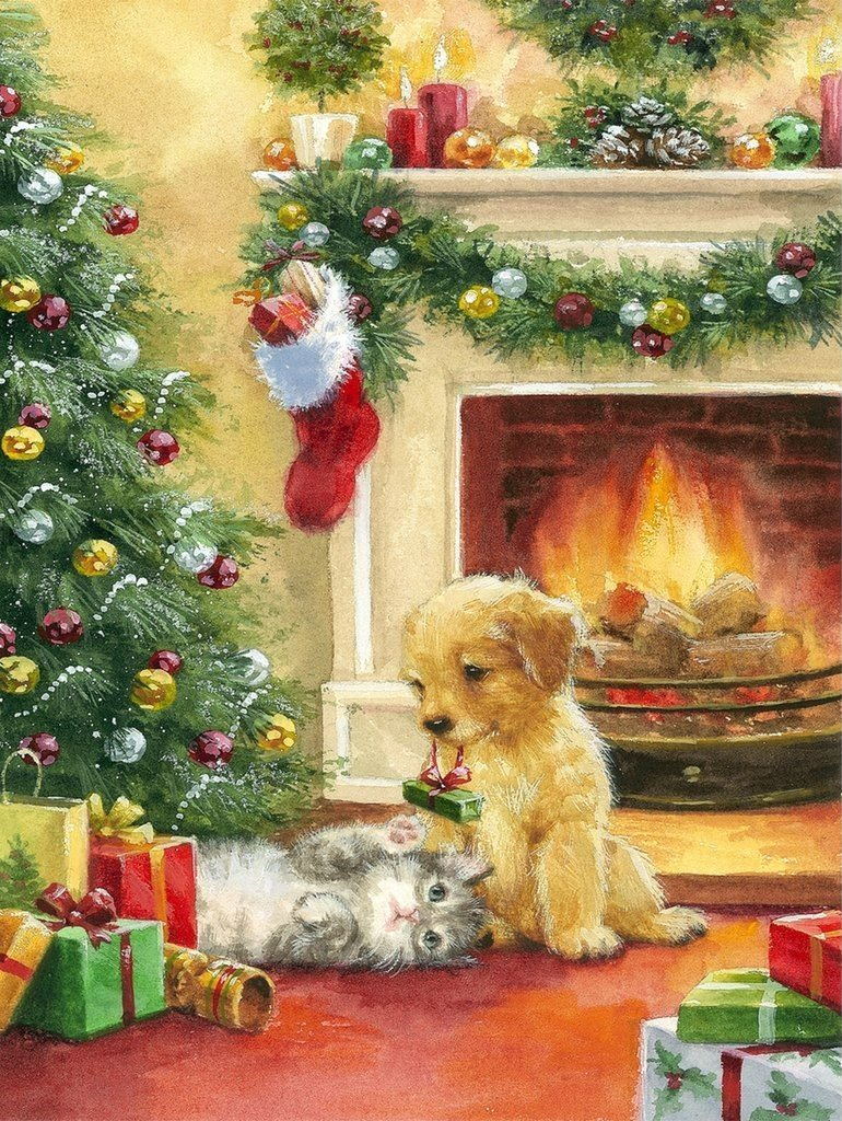 Hondje en Katten bij Kerstboom en Open Haard Diamond Painting