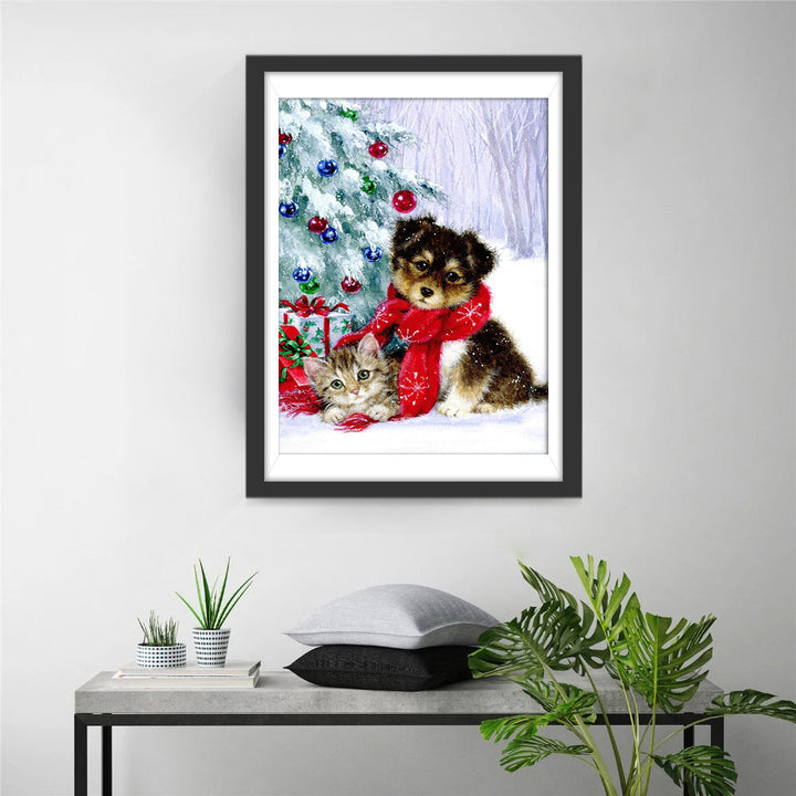 Hondje, Katje en de Kerstversiering Diamond Painting