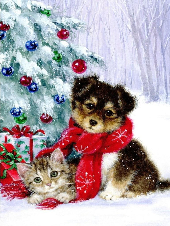 Hondje, Katje en de Kerstversiering Diamond Painting