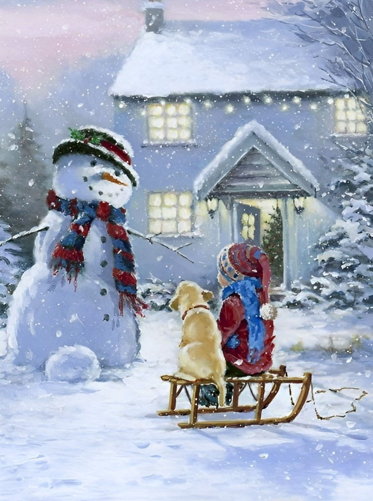 Hondje, Sneeuwpop en Slee Diamond Painting