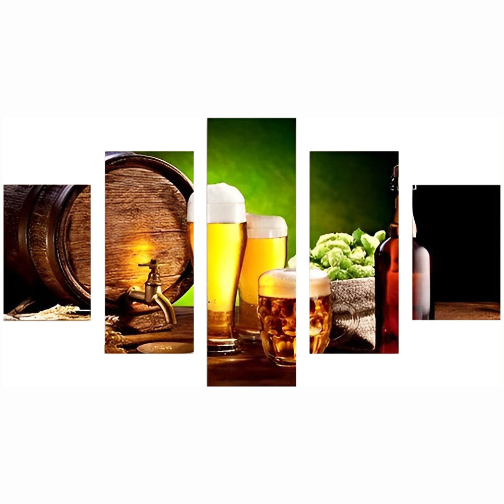 Houten Biervaten, Goudgele Bierglazen en Hoppen 5 Platen Diamond Painting
