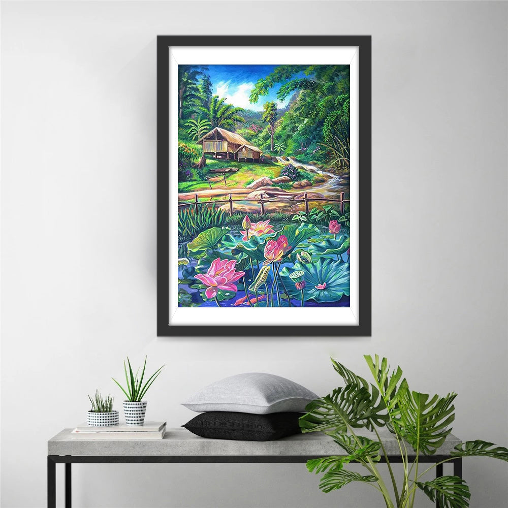 Hutje temidden van Waterlelies Diamond Painting