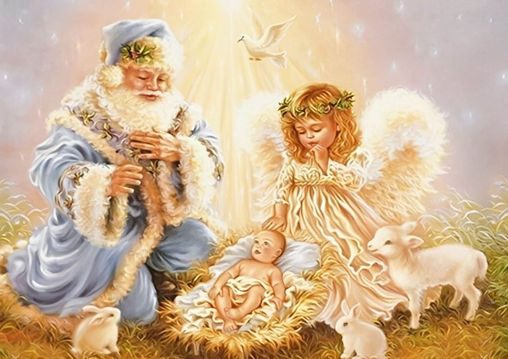 Jezuskindje bij Engel en Oude Herder in de Stal Diamond Painting