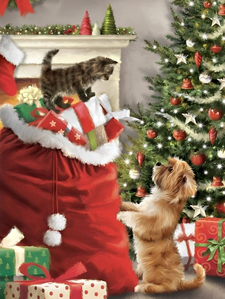 Kat en Hond bij Kerstgeschenken in Kerstsok Diamond Painting