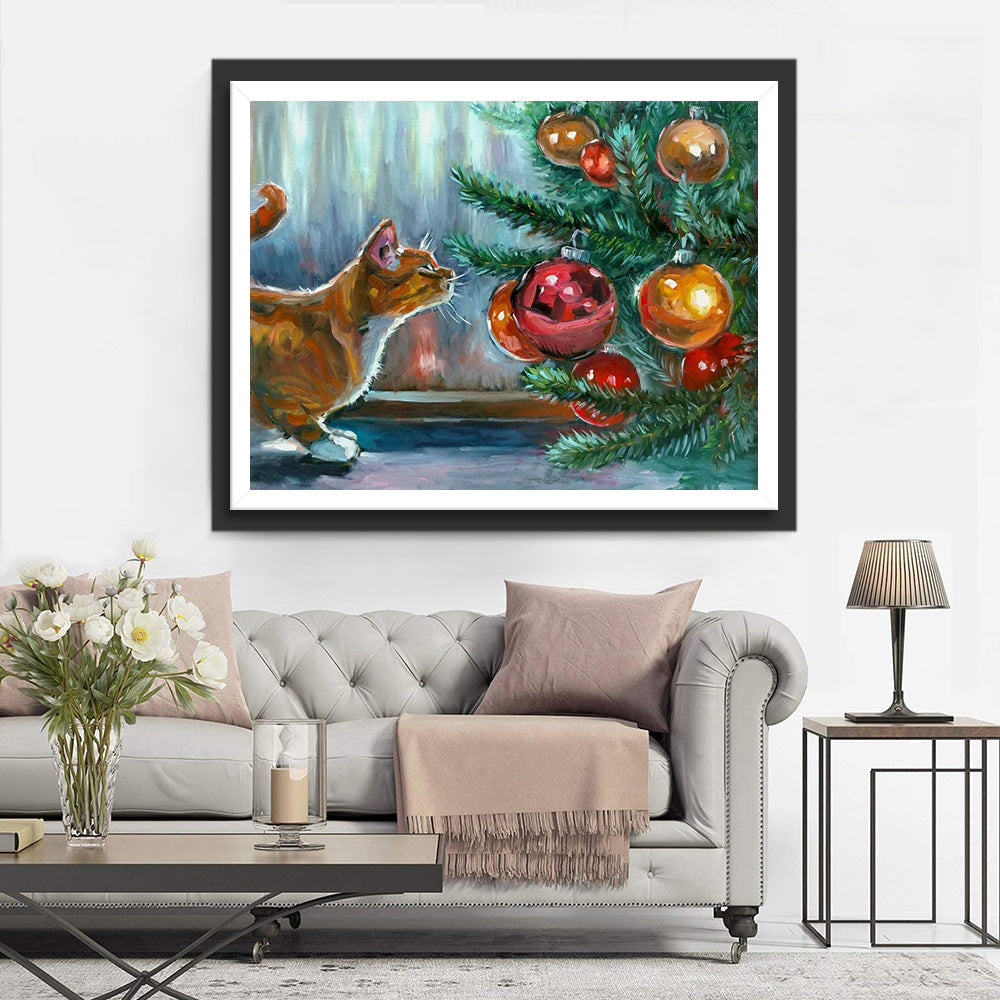 Kat en Kerstbal aan de Boom Diamond Painting