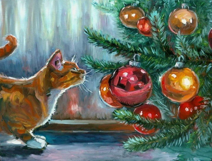 Kat en Kerstbal aan de Boom Diamond Painting