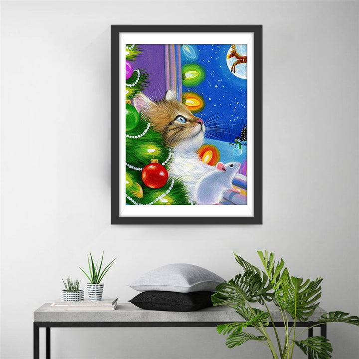 Kat en Muis in Kerstsfeer Diamond Painting