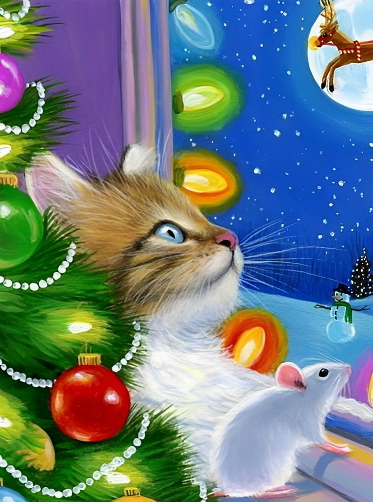 Kat en Muis in Kerstsfeer Diamond Painting