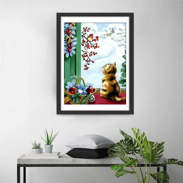 Kat en Vogeltje bij Kerstversiering Diamond Painting