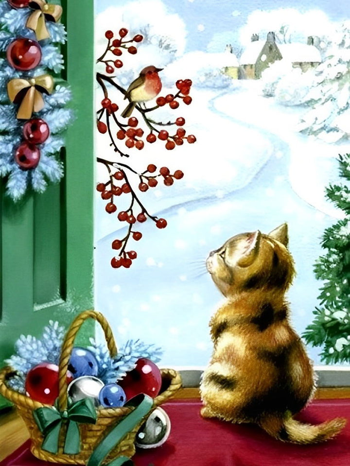 Kat en Vogeltje bij Kerstversiering Diamond Painting