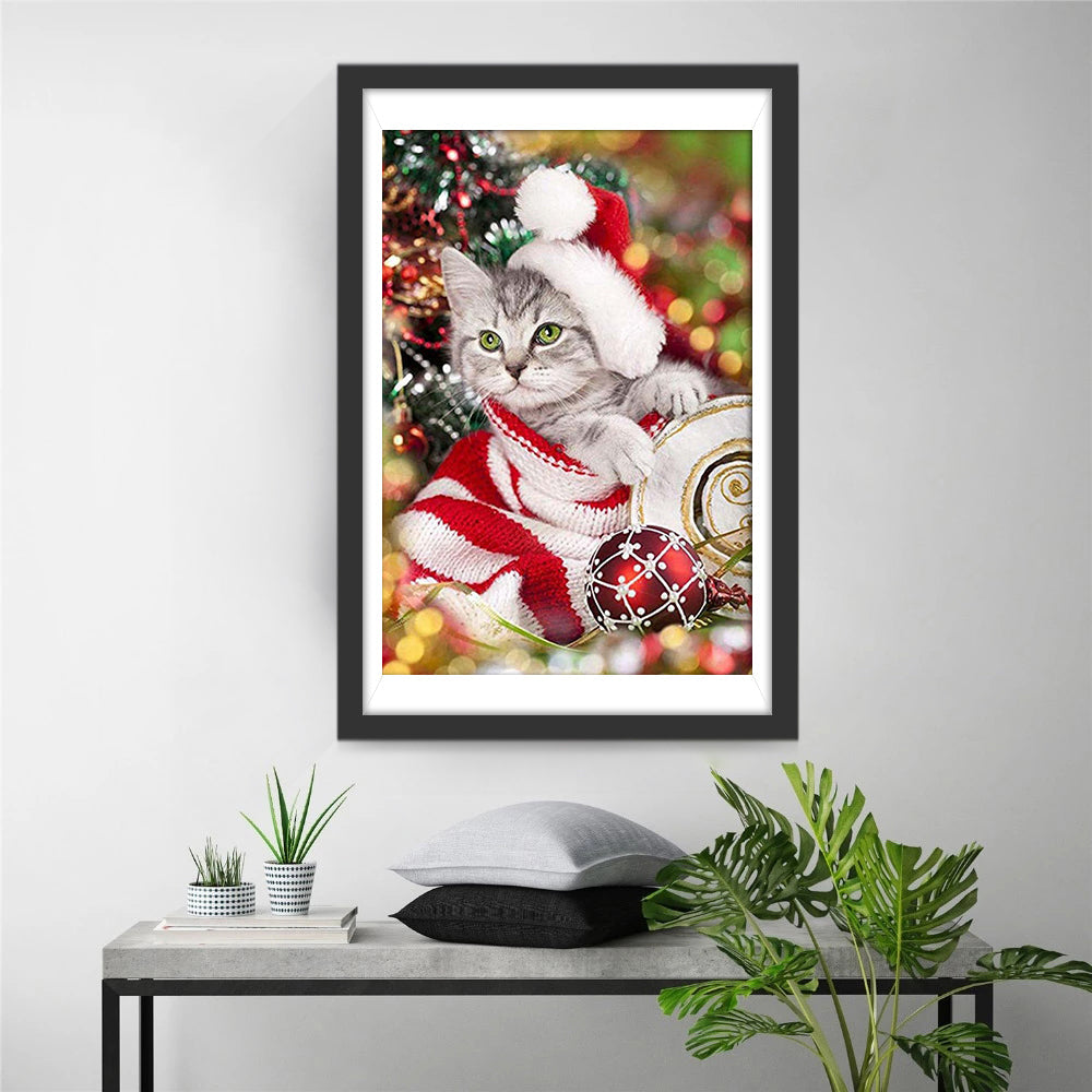 Kat in Kerstmuts en Sjaal Diamond Painting