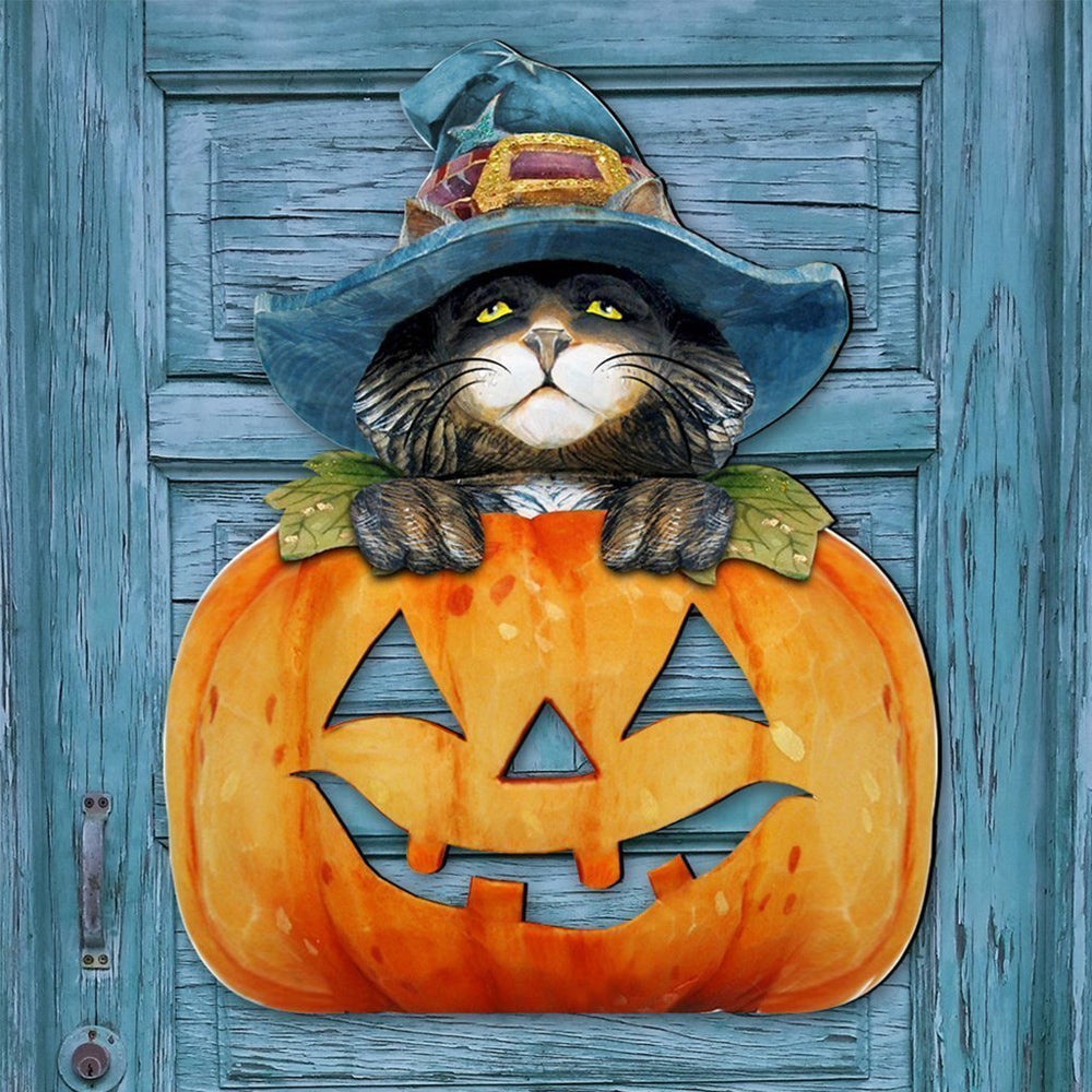 Kat in Pompoen op Deur Diamond Painting